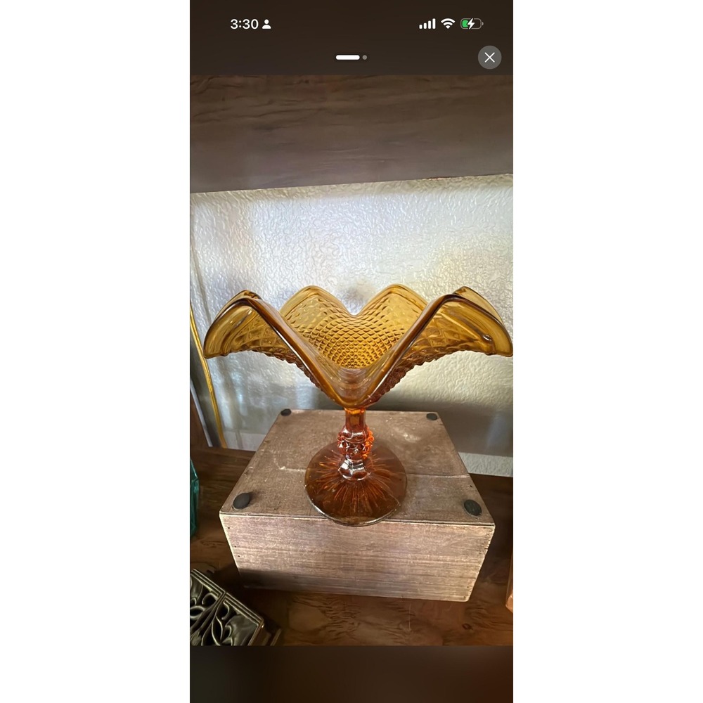 Indiana Glass Fluted Compote Diamond Point Candy Dish Amber Pedestal Ball Stem
